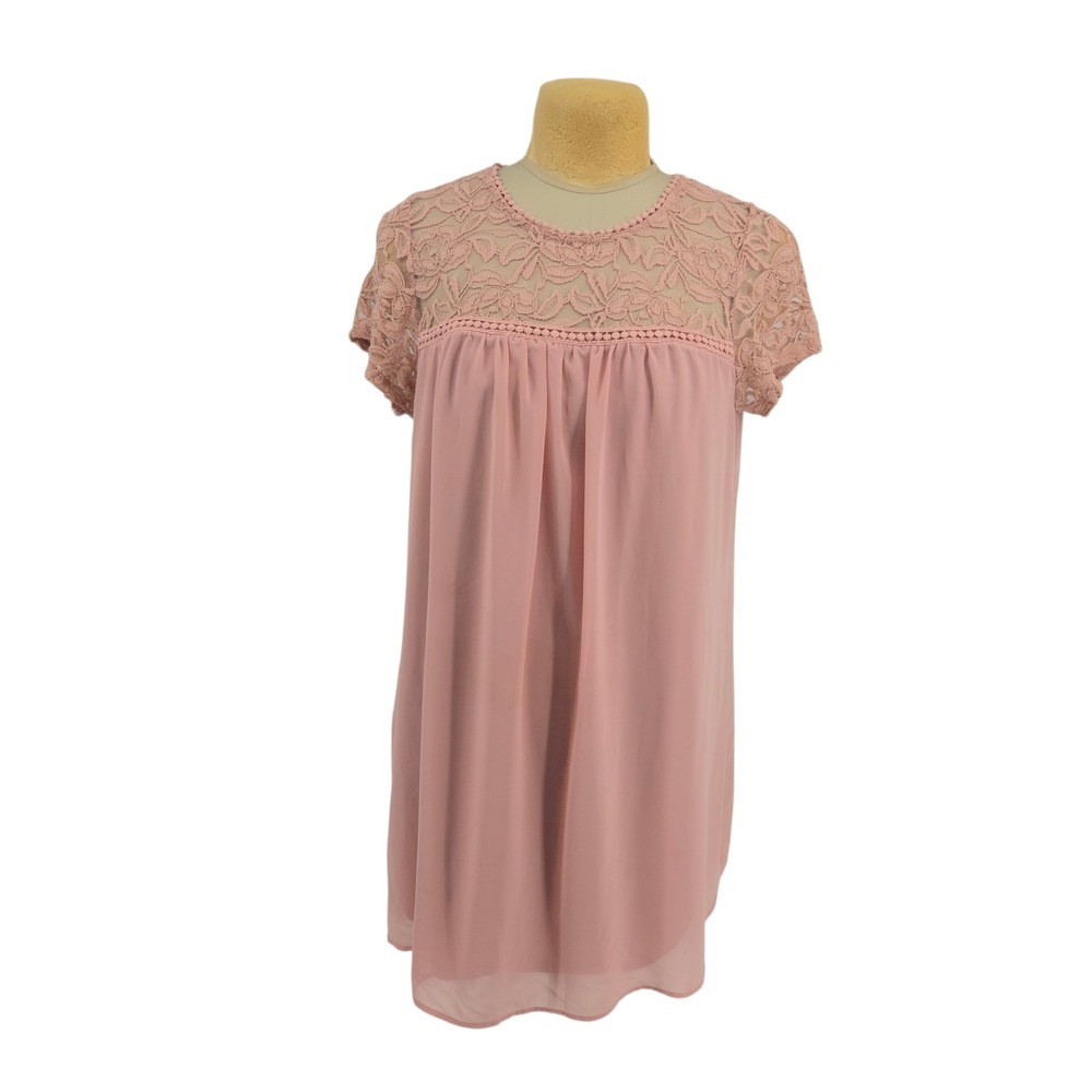 AUW Dress Womens 2X Pink Lace Yoke Short Sleeve Babydoll Chiffon Mini Feminine